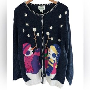 The Quacker Factory Snowman Marshmallow Cardigan Angora Wool Accents Blend Sz 2X